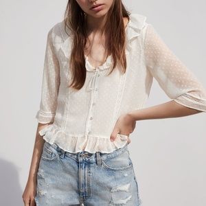 ZARA WHITE ROMANTIC RUFFLED SWISS DOT BUTTON FRONT BLOUSE